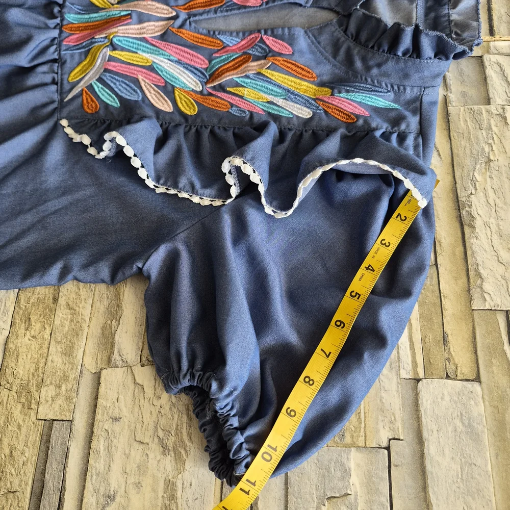 Fashion Blouse Size XL Denim Embroidered Boho Peasant Puff Sleeves Cottagecore - Picture 6 of 9